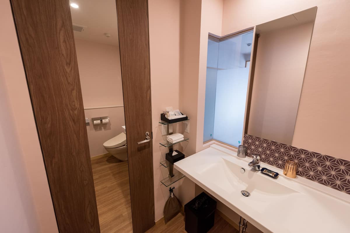 superior twin room with balcony (mt.fuji and lake view) | bathroom | free toiletries, hair dryer, slippers, towels