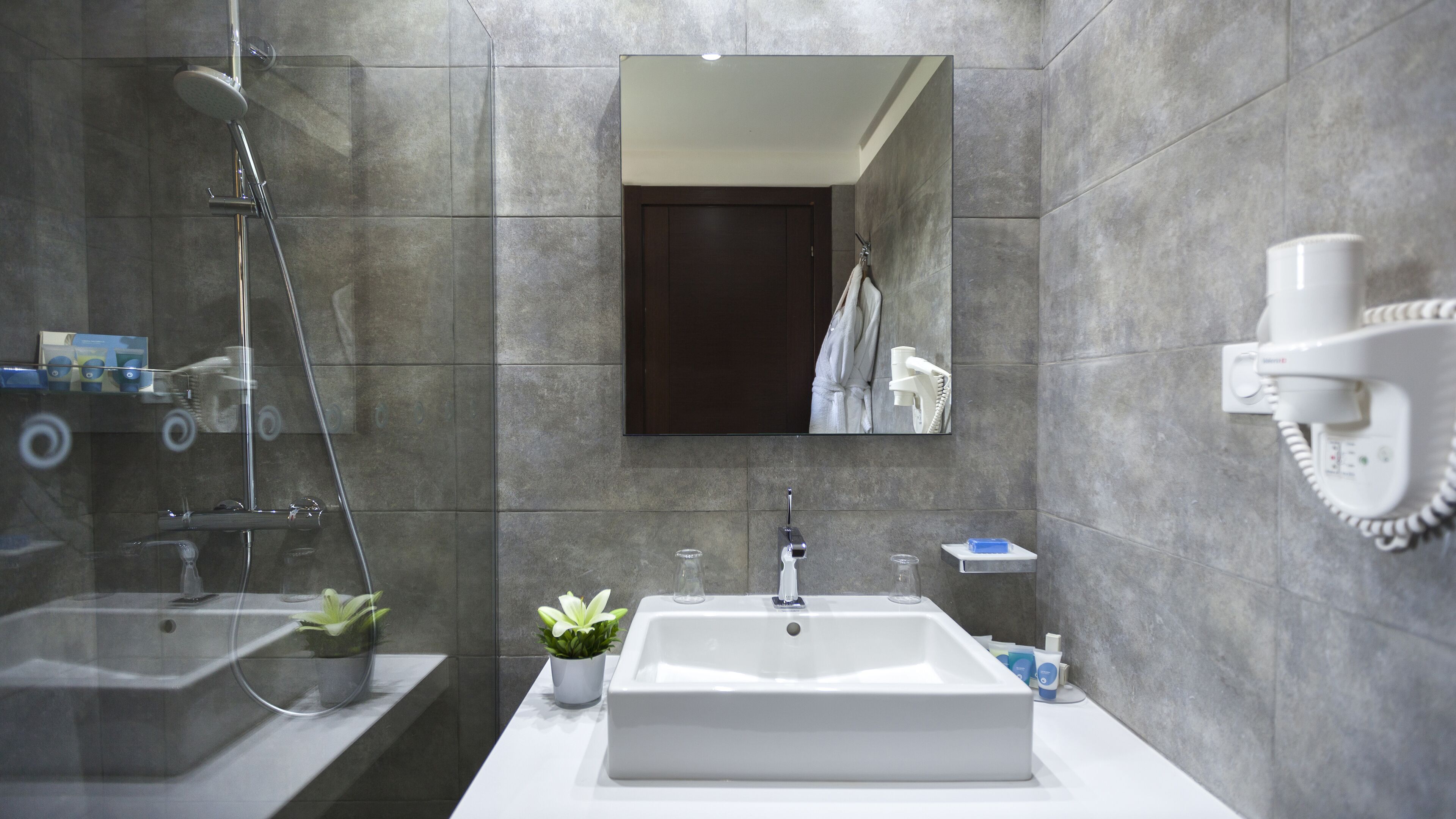 combined shower/bathtub, free toiletries, hair dryer, towels