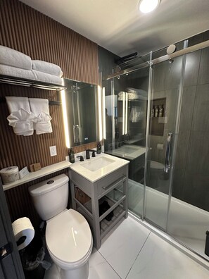 Dusch, regndusch, lyxtoalettartiklar och hårtork