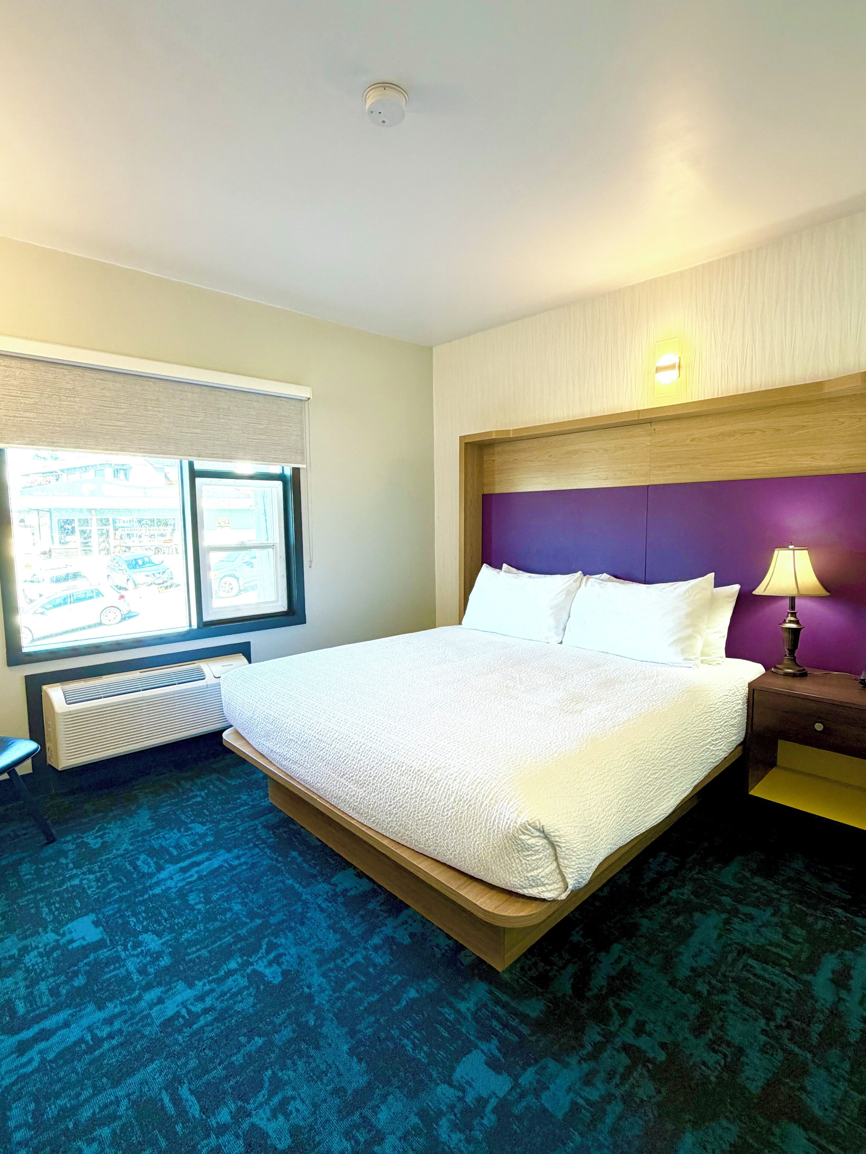 Une chambre d’hôtel avec un lit, une fenêtre donnant sur un paysage agréable, une table de chevet avec une lampe et un climatiseur fixé au mur.