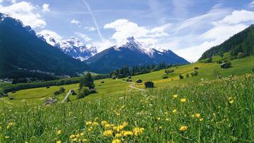 A mountainous landscape with a clear sky, green fields, and a few small buildings.