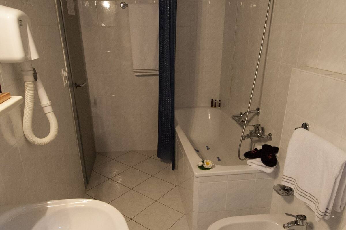 combined shower/bathtub, free toiletries, hair dryer, slippers