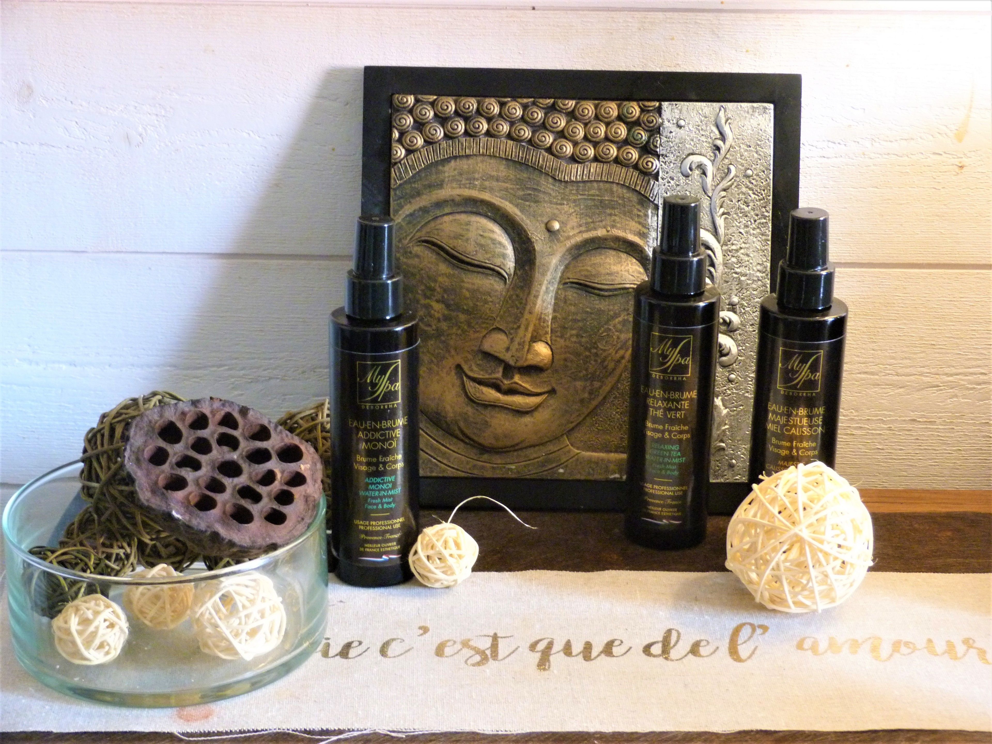 Una estantería con una estatua de Buda, dos botellas de productos MySpa, un cuenco de cristal con flores secas y una esfera decorativa.