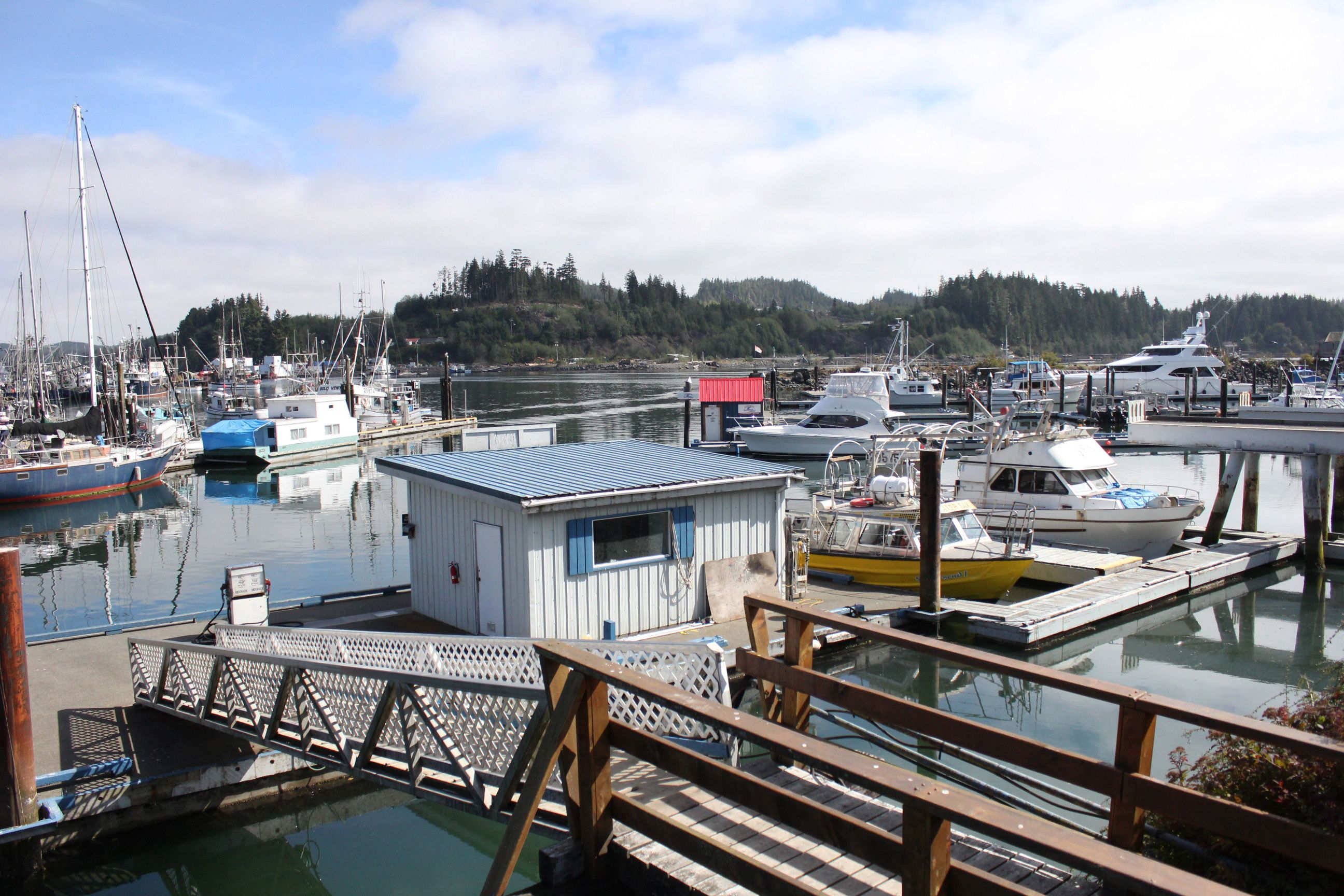 A marina with docked boats, a small building, and a wooden dock.