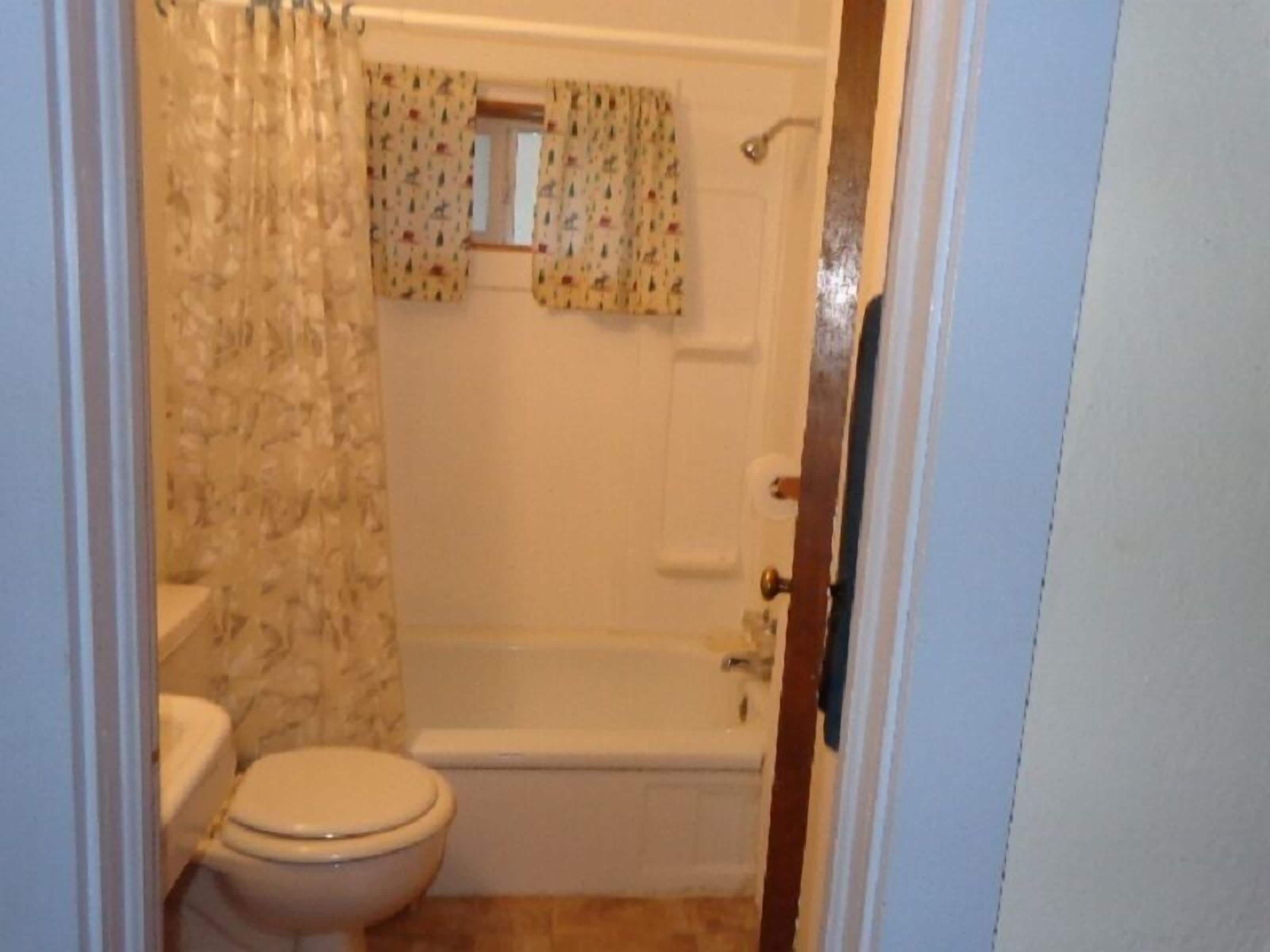 A bathroom with a toilet, a shower, and a bathtub.
