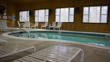 Indoor pool, outdoor pool, pool umbrellas, pool loungers