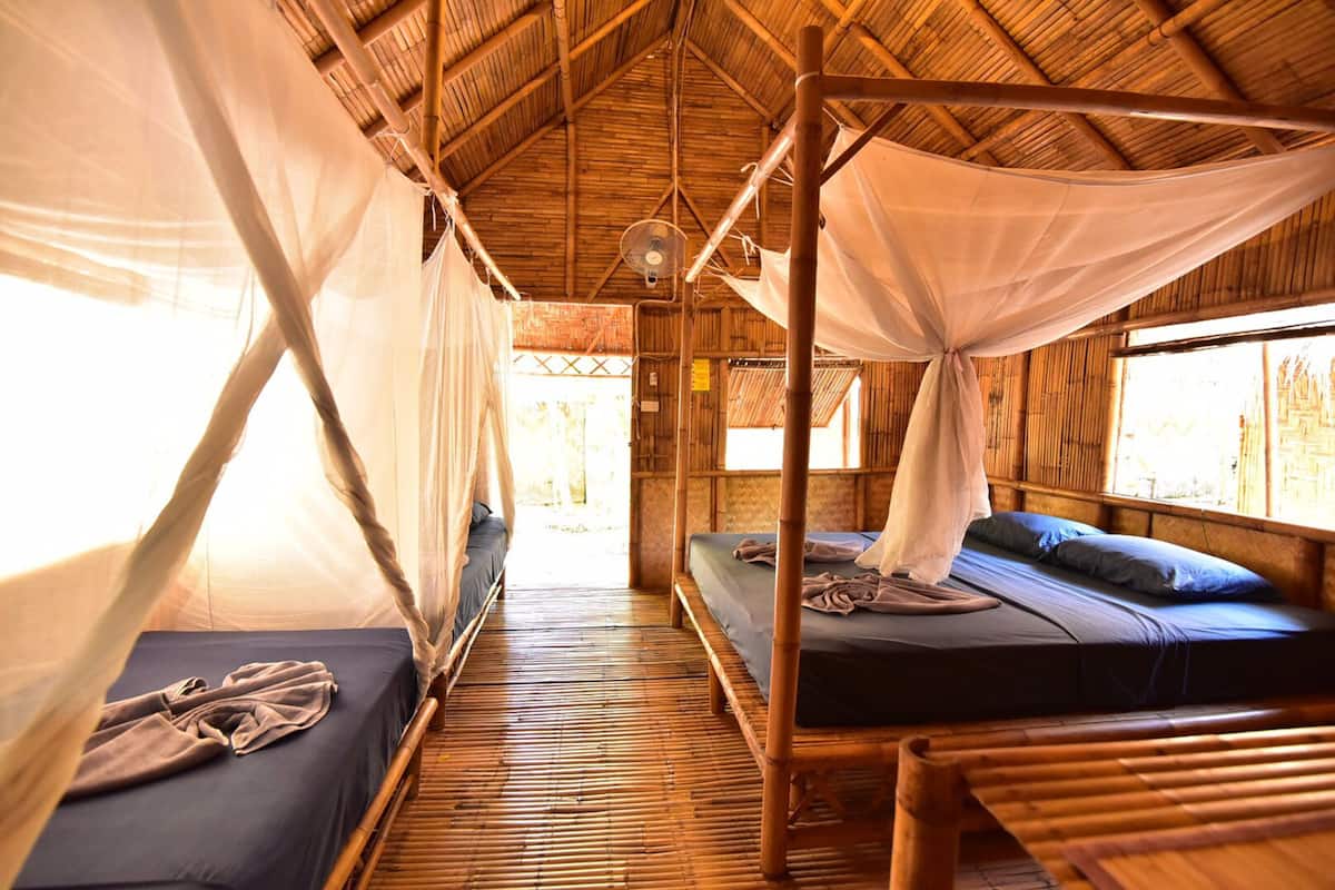 A room with two beds, a ceiling fan, and a mosquito net.