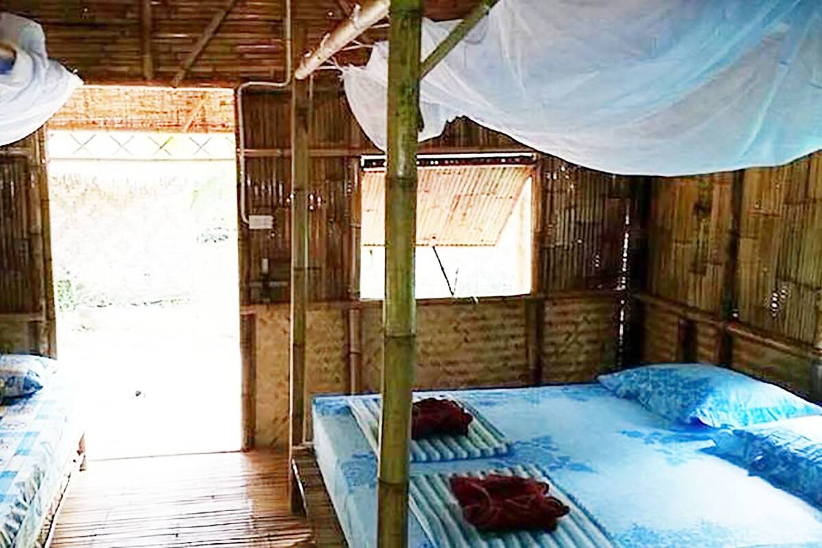 A room with two beds, each with a canopy. The room has a wooden floor and walls, and there is a window with a view of the outside.