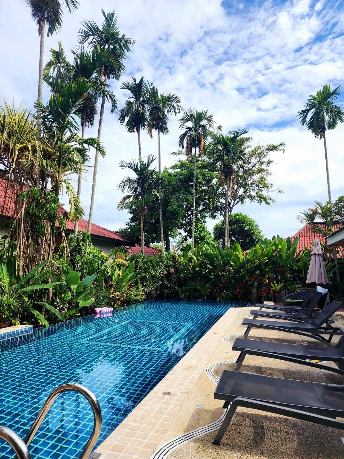 Piscina con sillas de descanso y palmeras.