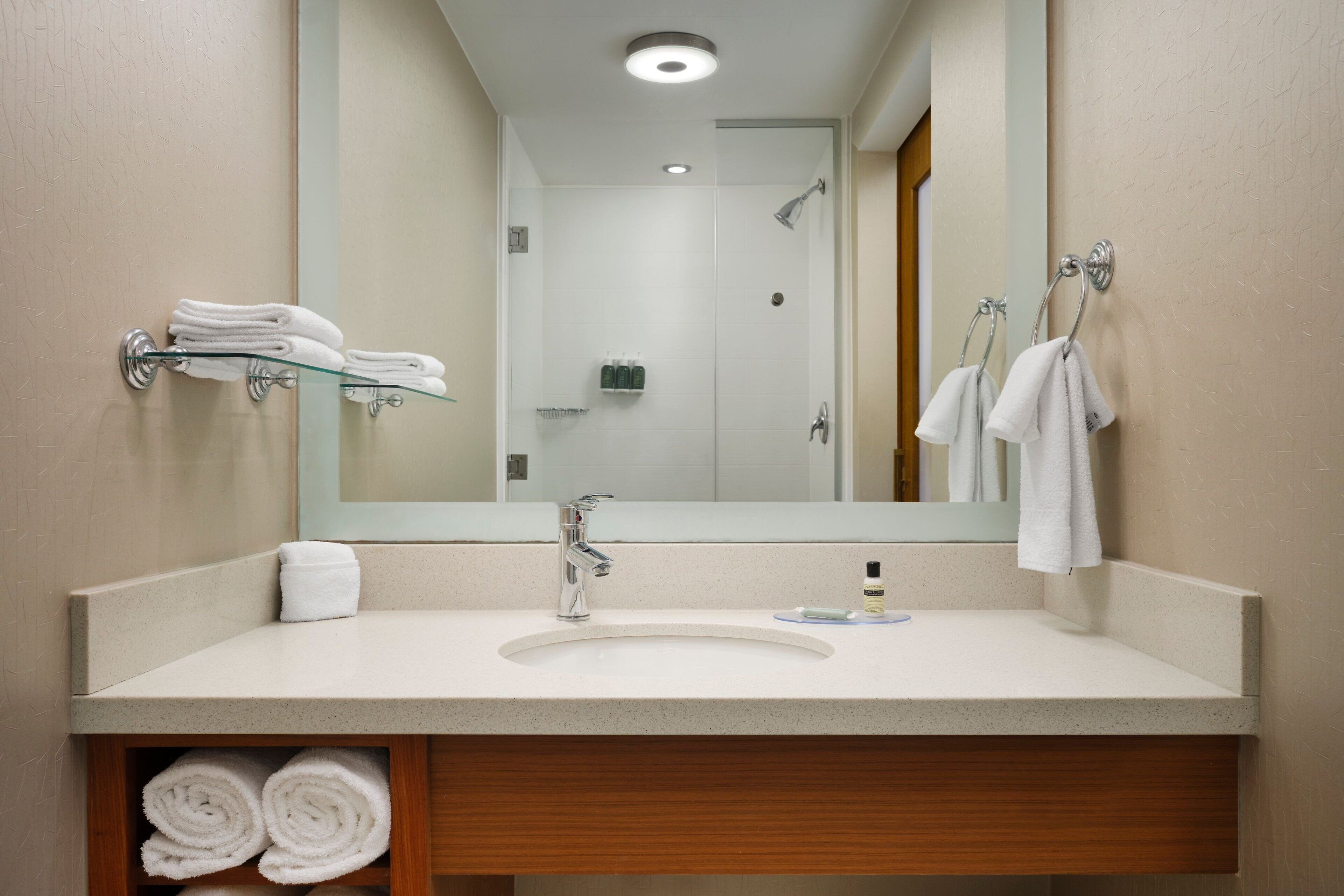 hair dryer, towels, toilet paper