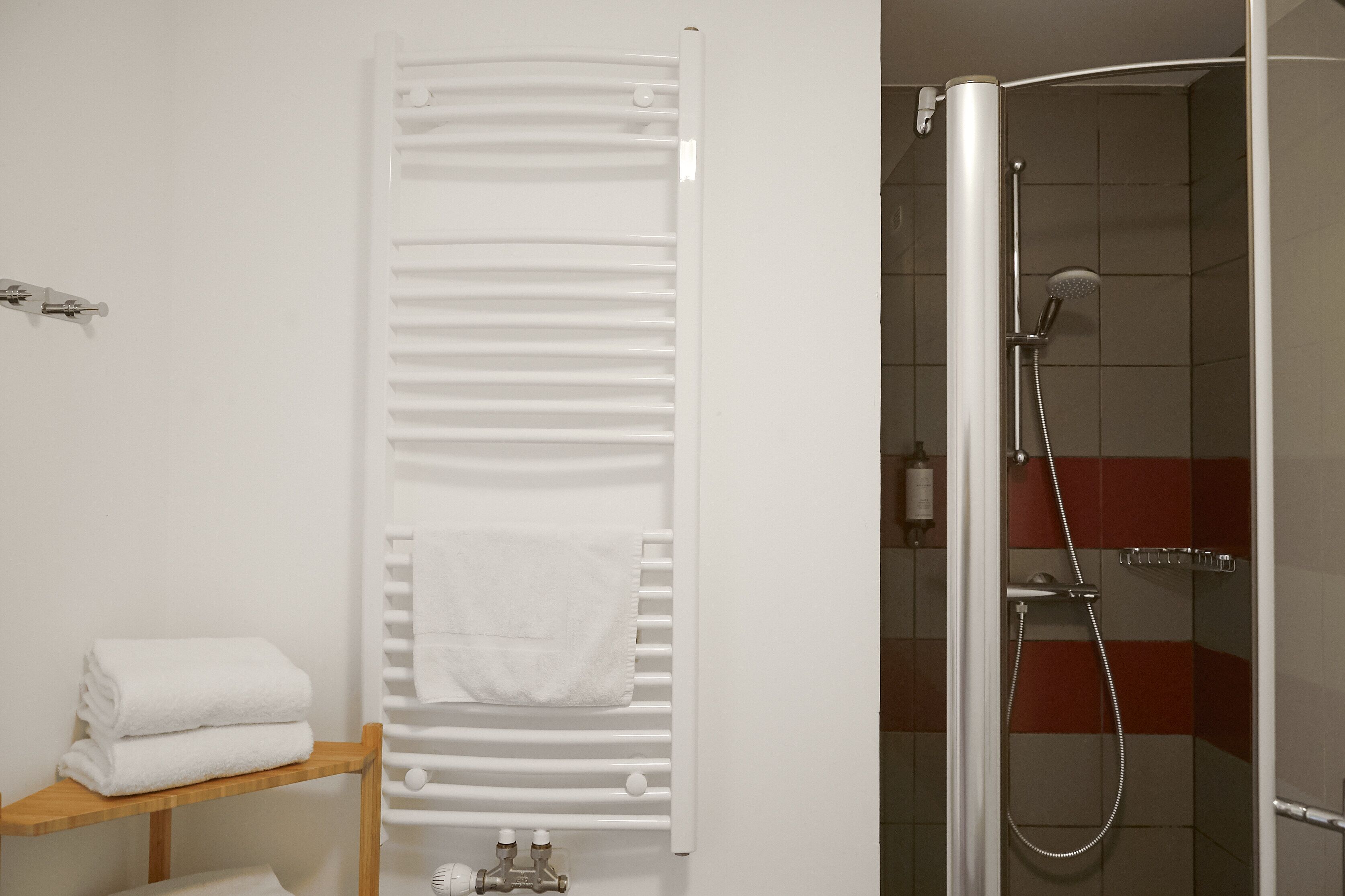Un baño con toallero blanco, ducha con cabezal de ducha manual y pared con azulejos.