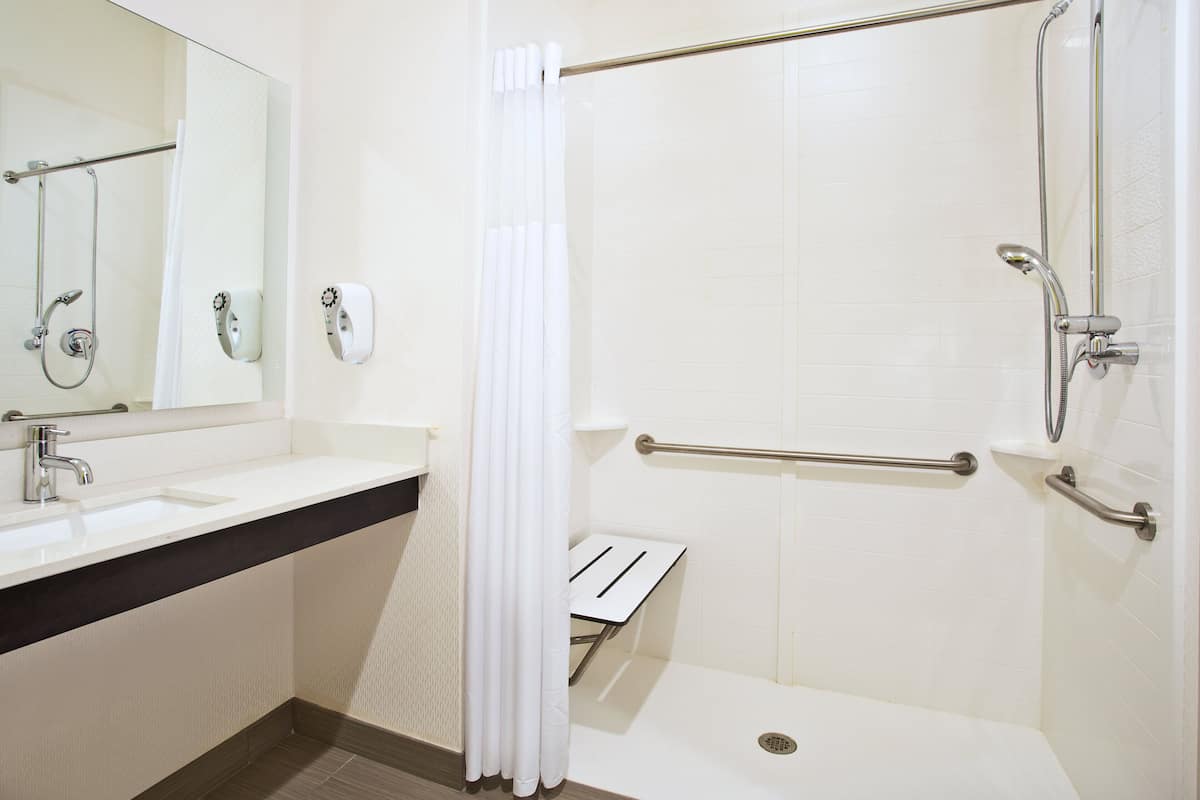 Une salle de bain avec une douche, un lavabo et un miroir.