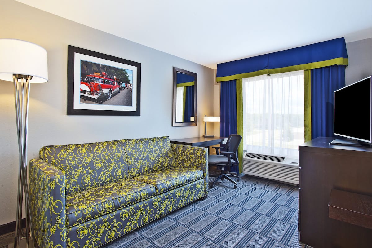 Une chambre d’hôtel équipée d’un canapé, d’un bureau, d’une télévision et de la climatisation.