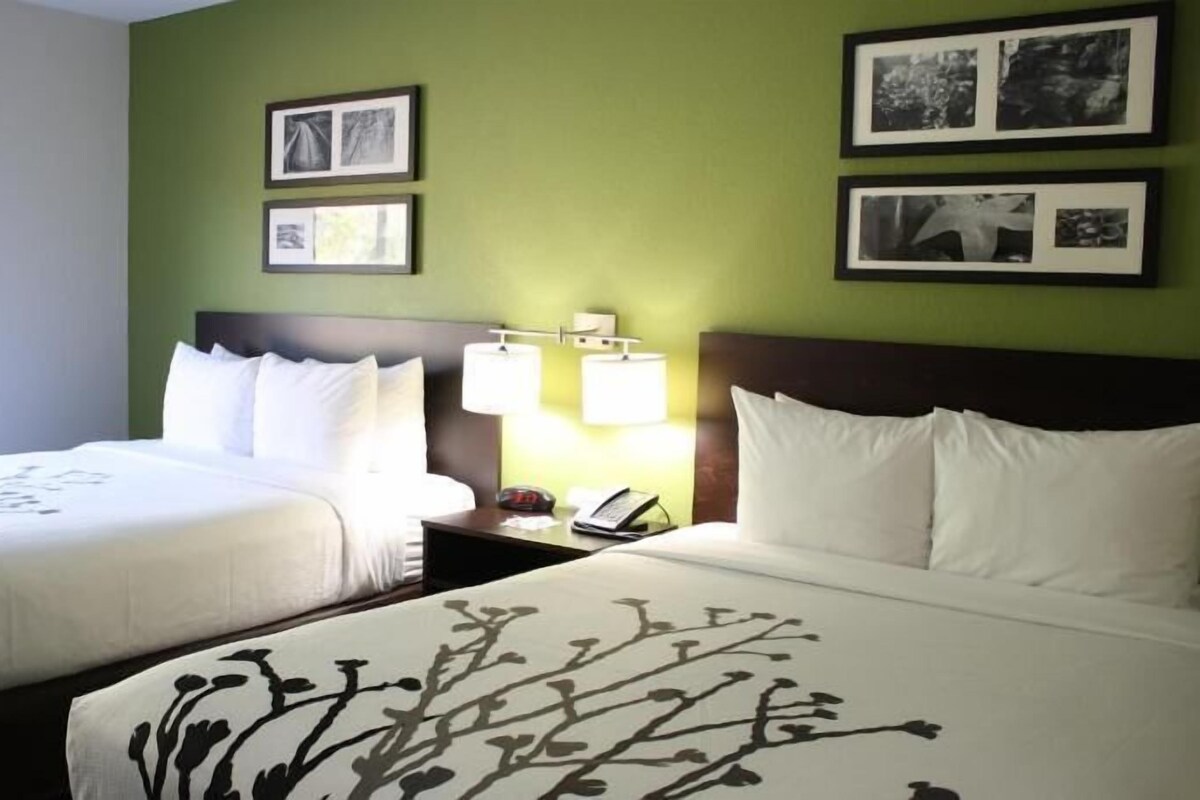 Une chambre d’hôtel avec deux lits, une table de chevet avec une lampe et des tableaux encadrés au mur.
