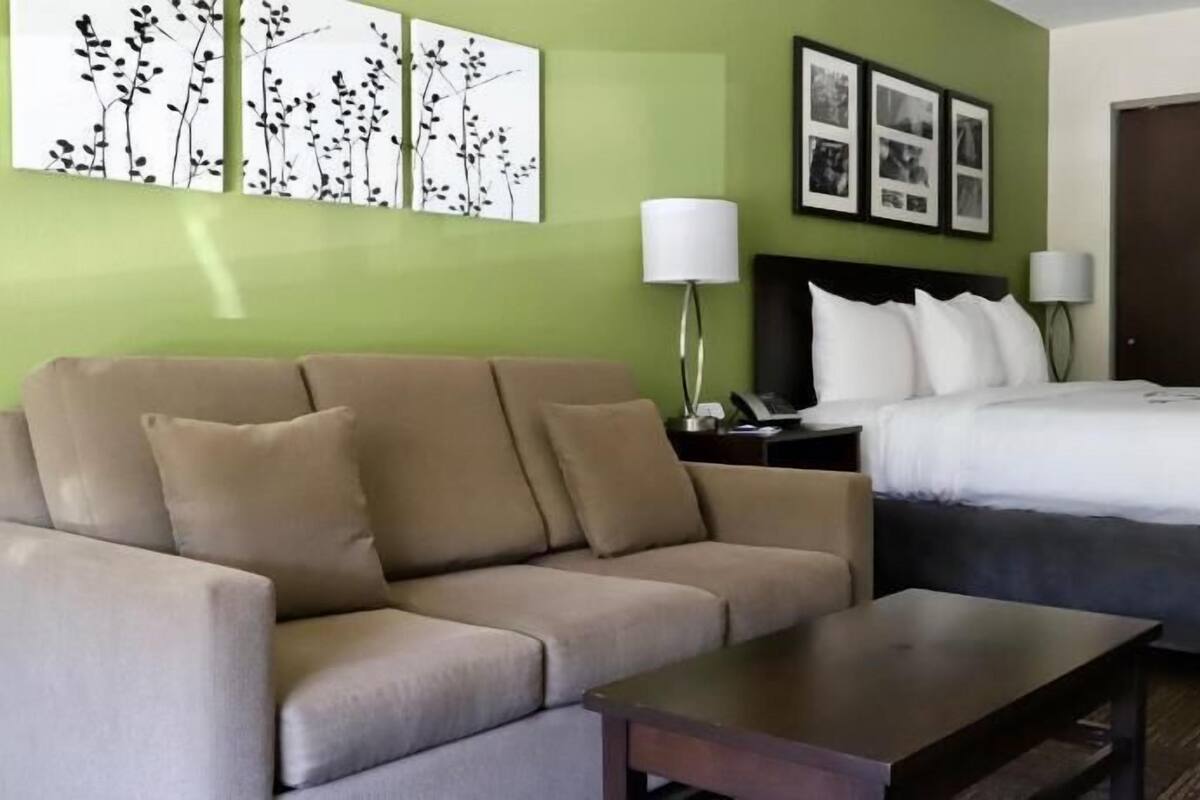 A hotel room with a sofa, a bed, a nightstand, a lamp, and framed pictures on the wall.
