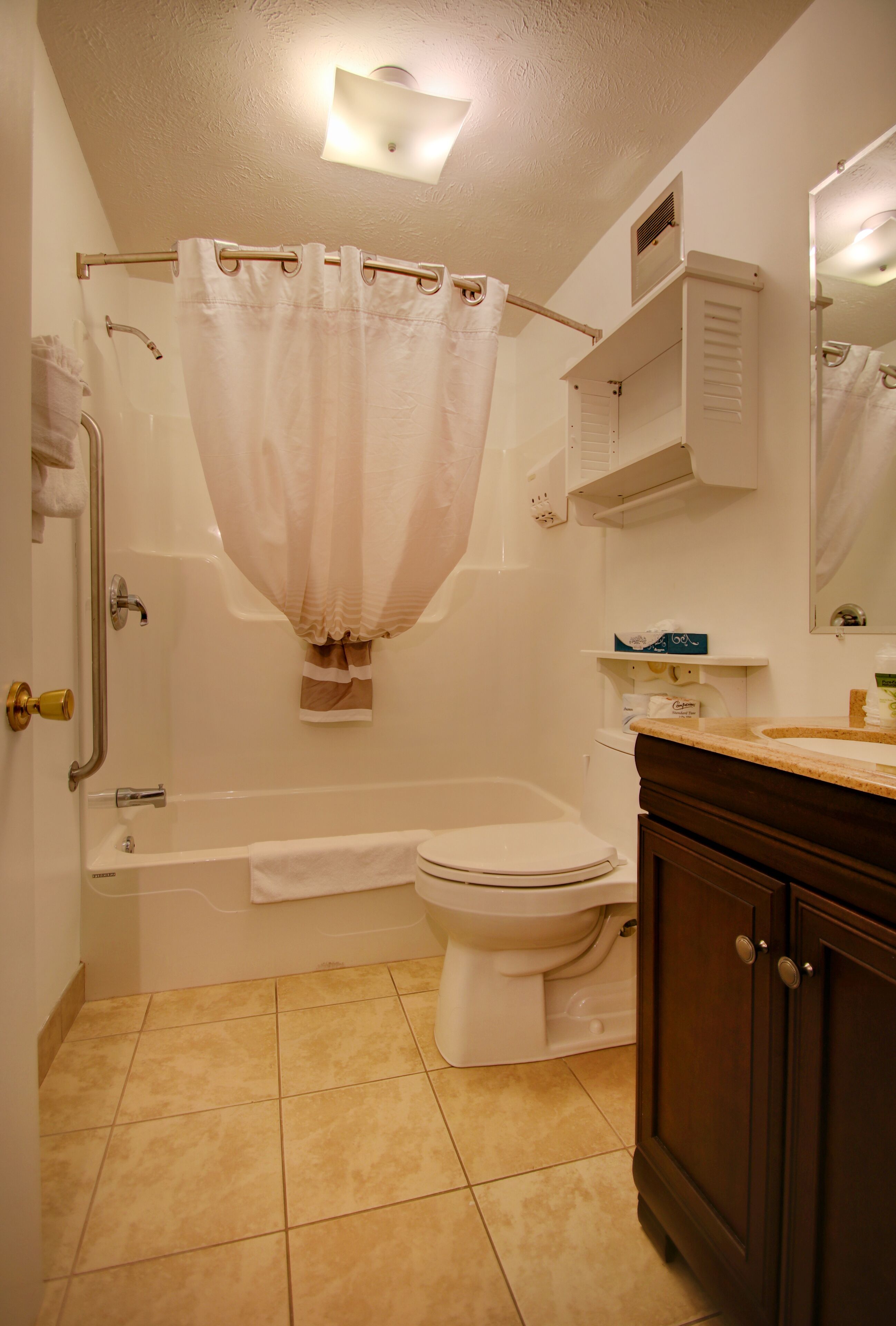 combined shower/bathtub, free toiletries, hair dryer, towels