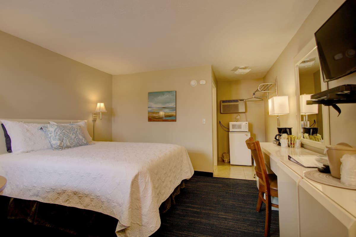 A hotel room with a bed, a desk, a chair, a television, a microwave, and a small kitchenette.