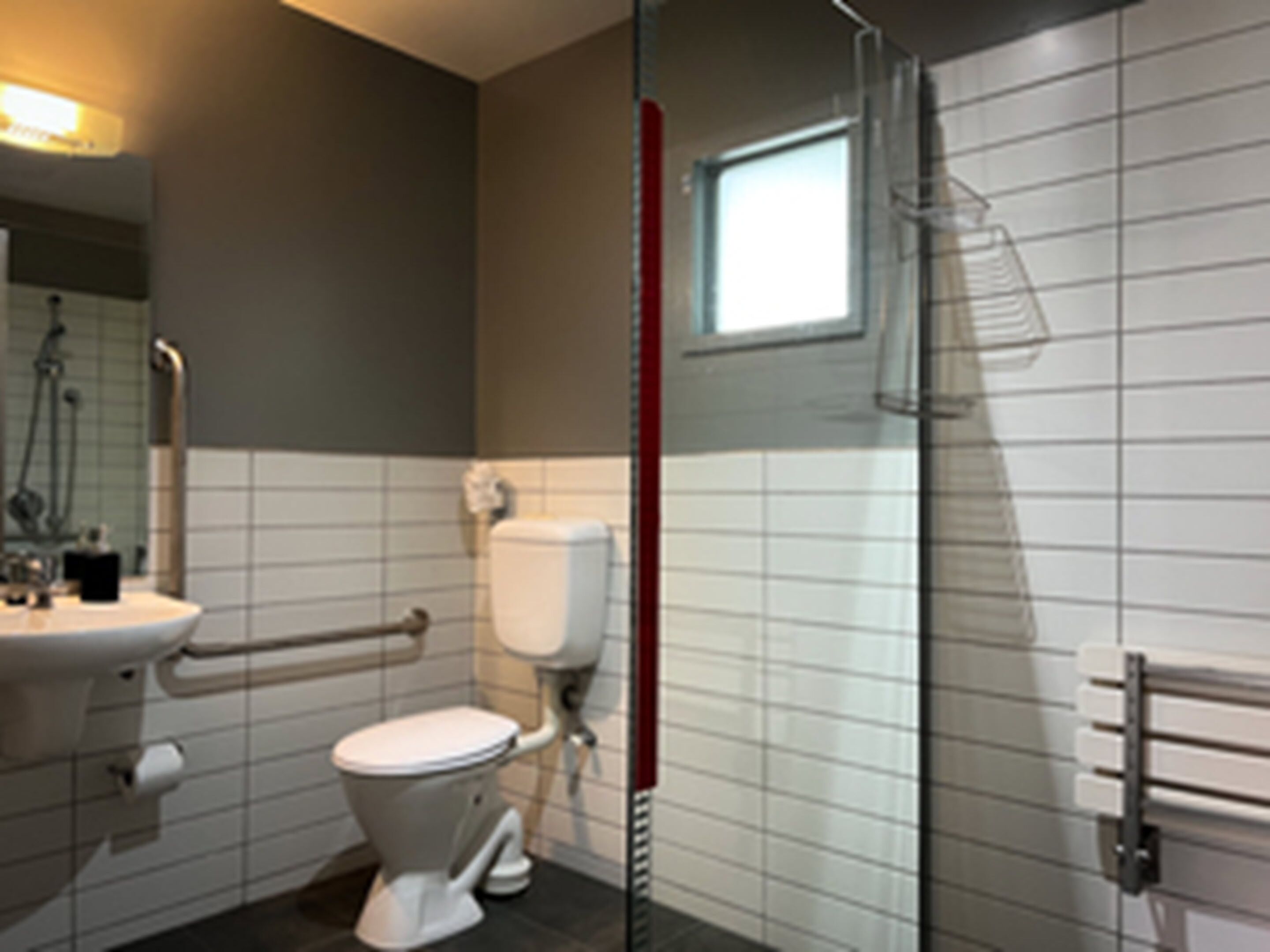 Une salle de bain moderne équipée de toilettes, d’un lavabo et d’une douche.