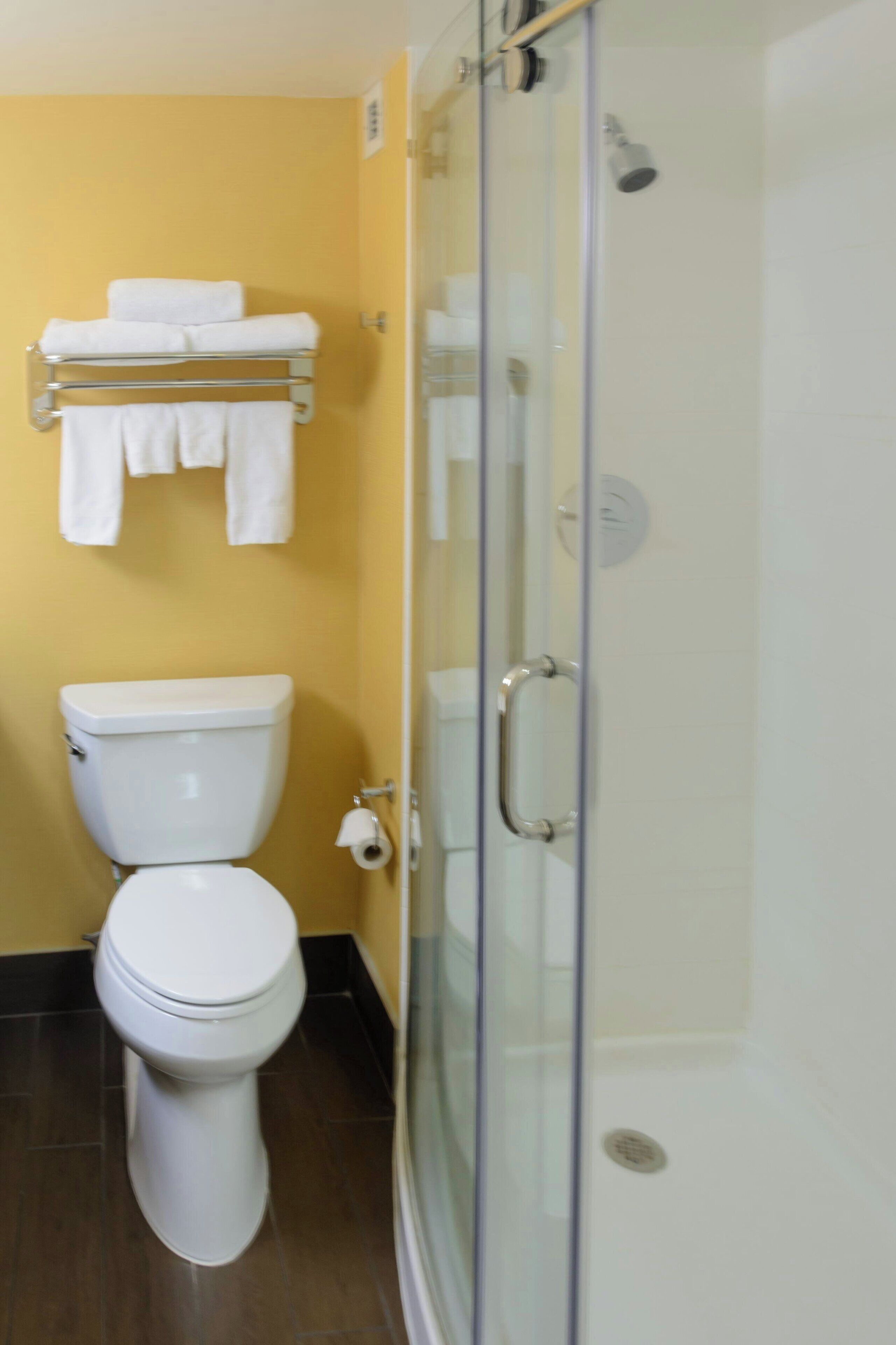 A bathroom with a toilet, a glass shower enclosure, and a towel rack with towels.