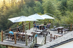 Una terraza de madera con asientos al aire libre y sombrillas, rodeada de exuberante vegetación.