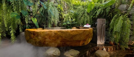A hot spring surrounded by lush greenery and rocks.