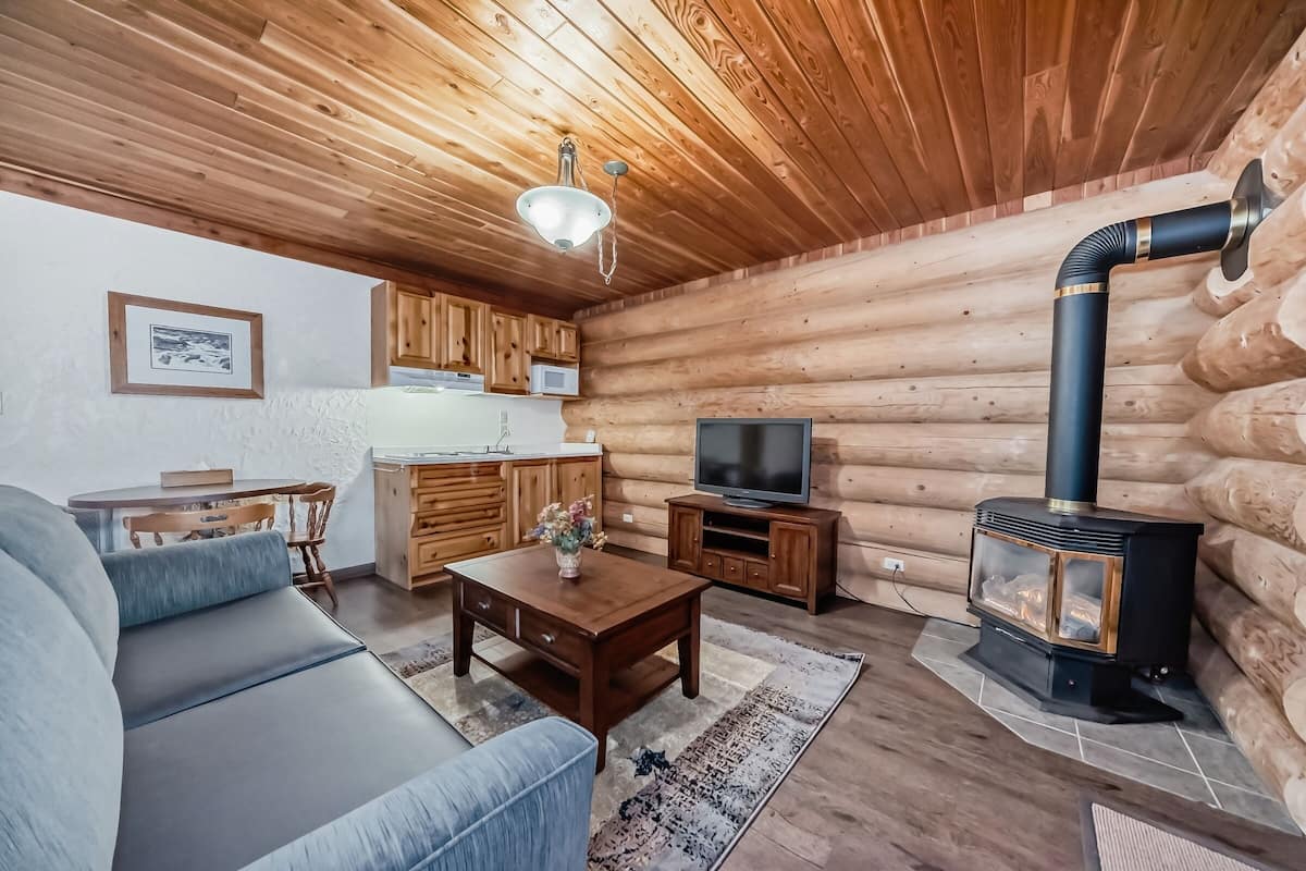 Interior d'una cabana de fusta amb sofà, taula de cafè, televisió, zona de cuina i una estufa de llenya.