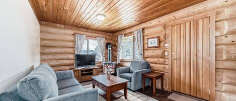 Ein Holzblockhaus-Interieur mit einer Couch, einem Sessel, einem Fernseher und Holzwänden.