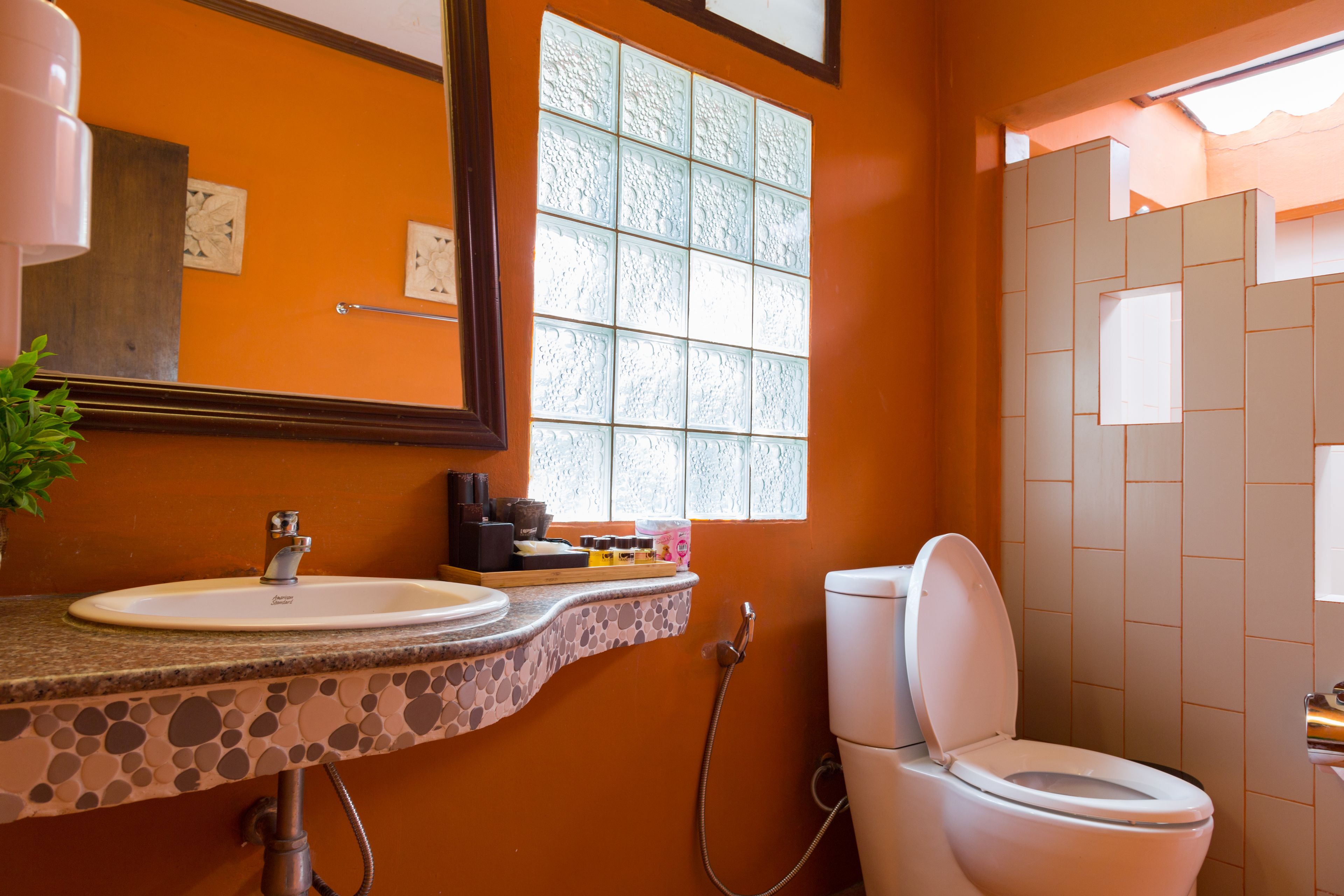 A bathroom with a stone countertop sink, a white toilet, and a window with frosted glass.