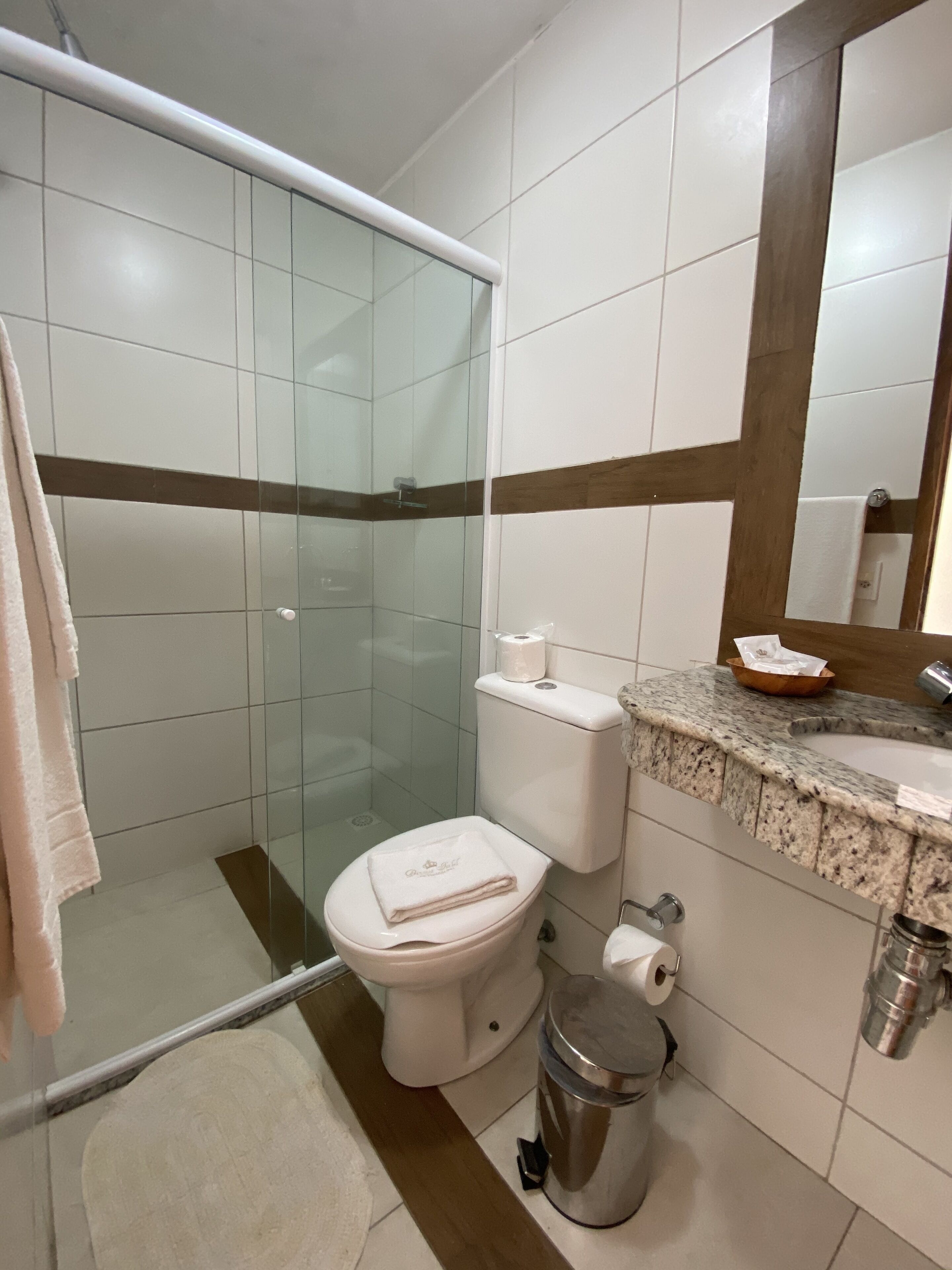 A bathroom with a glass-enclosed shower, a toilet, a sink with a marble countertop, and a trash can.