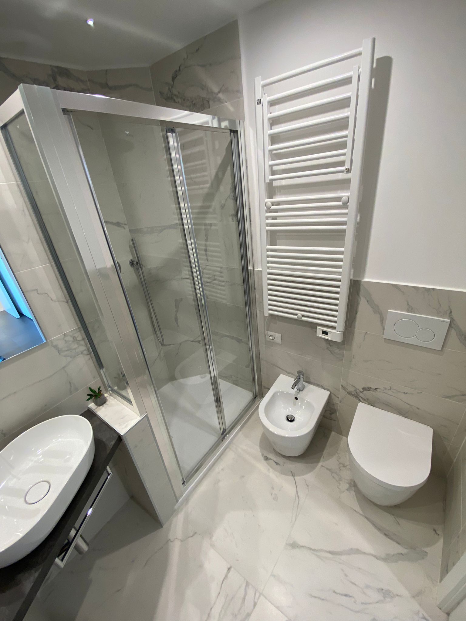 A modern bathroom with a glass-enclosed shower, a bidet, and a sink.