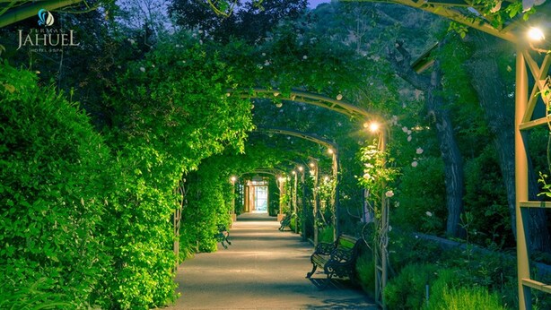 A pathway lined with greenery and benches, leading to a building entrance. - Termas Jahuel Hotel & Spa (Santa Maria)