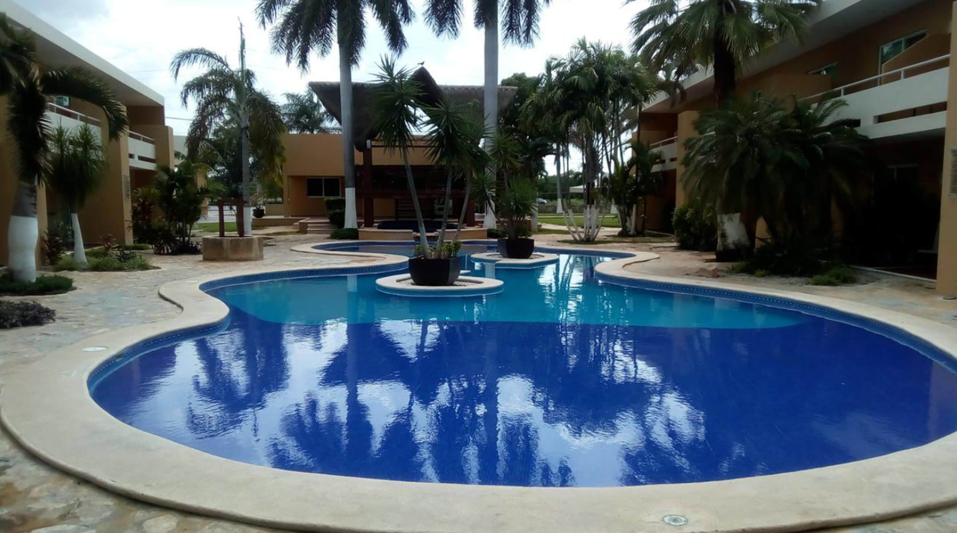 Une piscine au design incurvé, entourée de palmiers et bordée d’un bâtiment à toit plat.