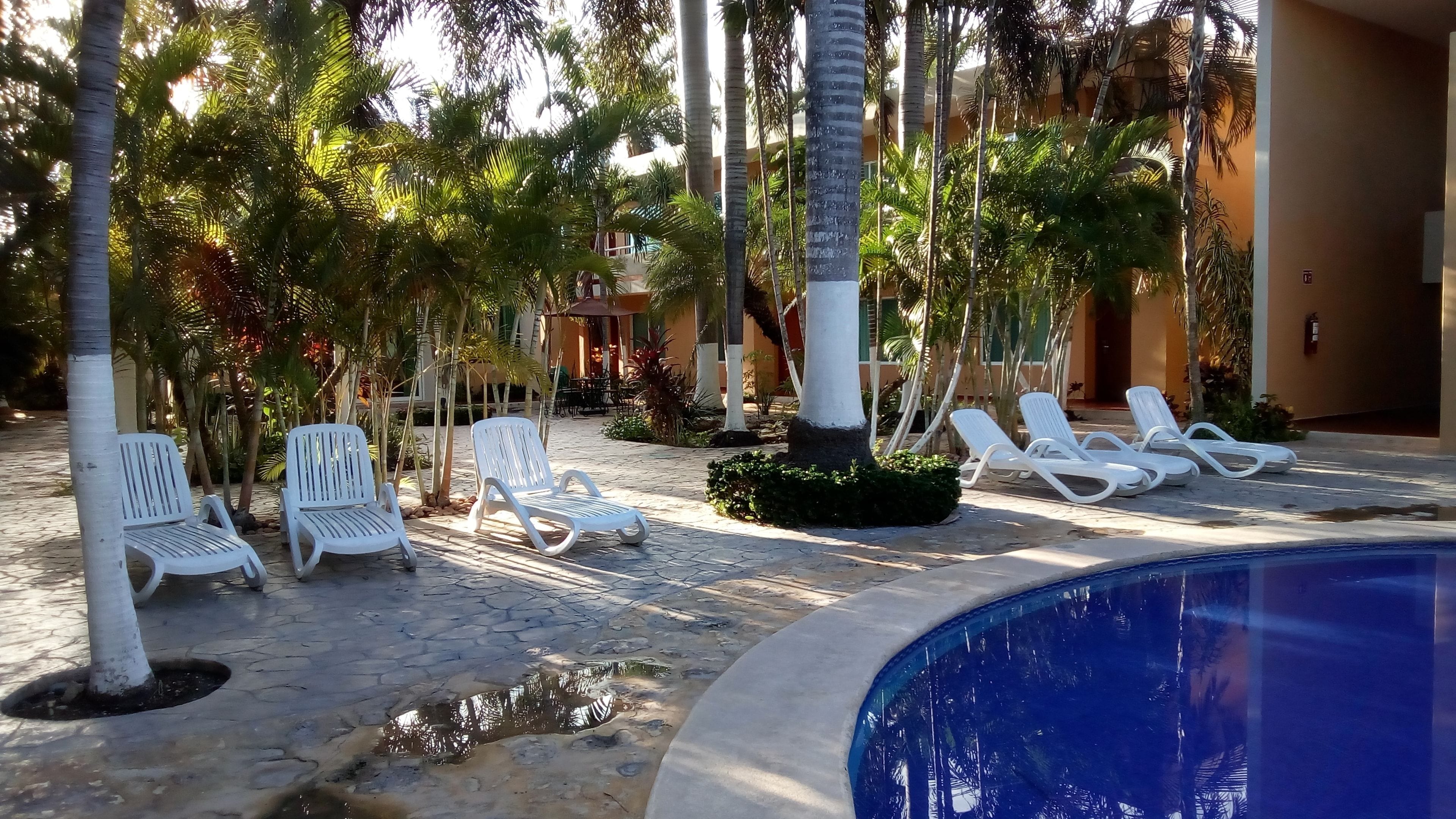 Zona de piscina con sillones blancos y una alberca.