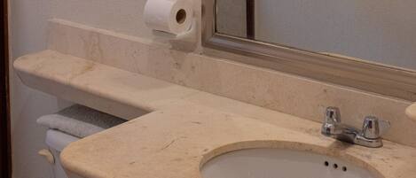 A bathroom with a beige sink, a toilet, and a mirror.