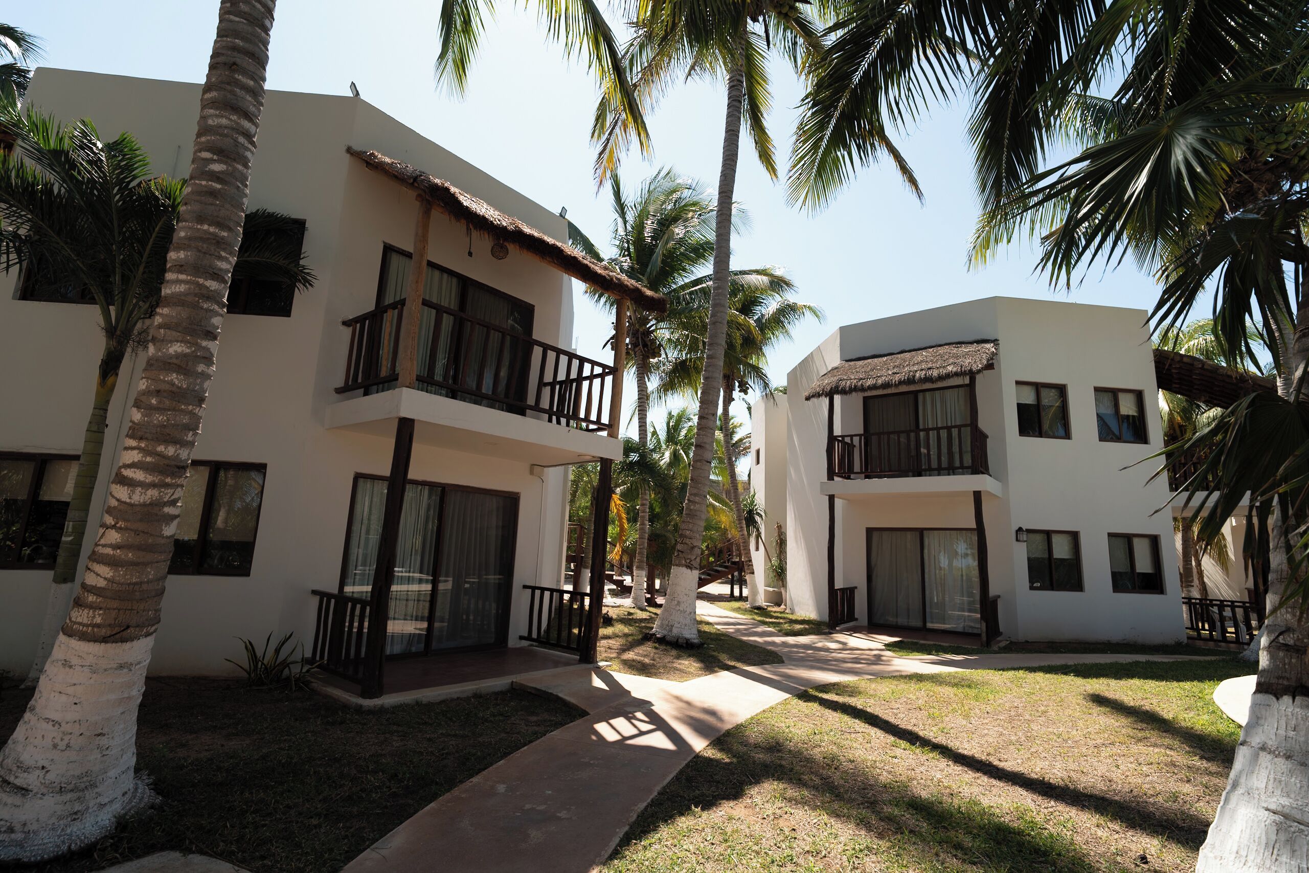 A modern building with balconies, palm trees, and a clear sky.