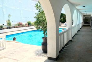 Seasonal outdoor pool, open 9:30 AM to 9:00 PM, sun loungers