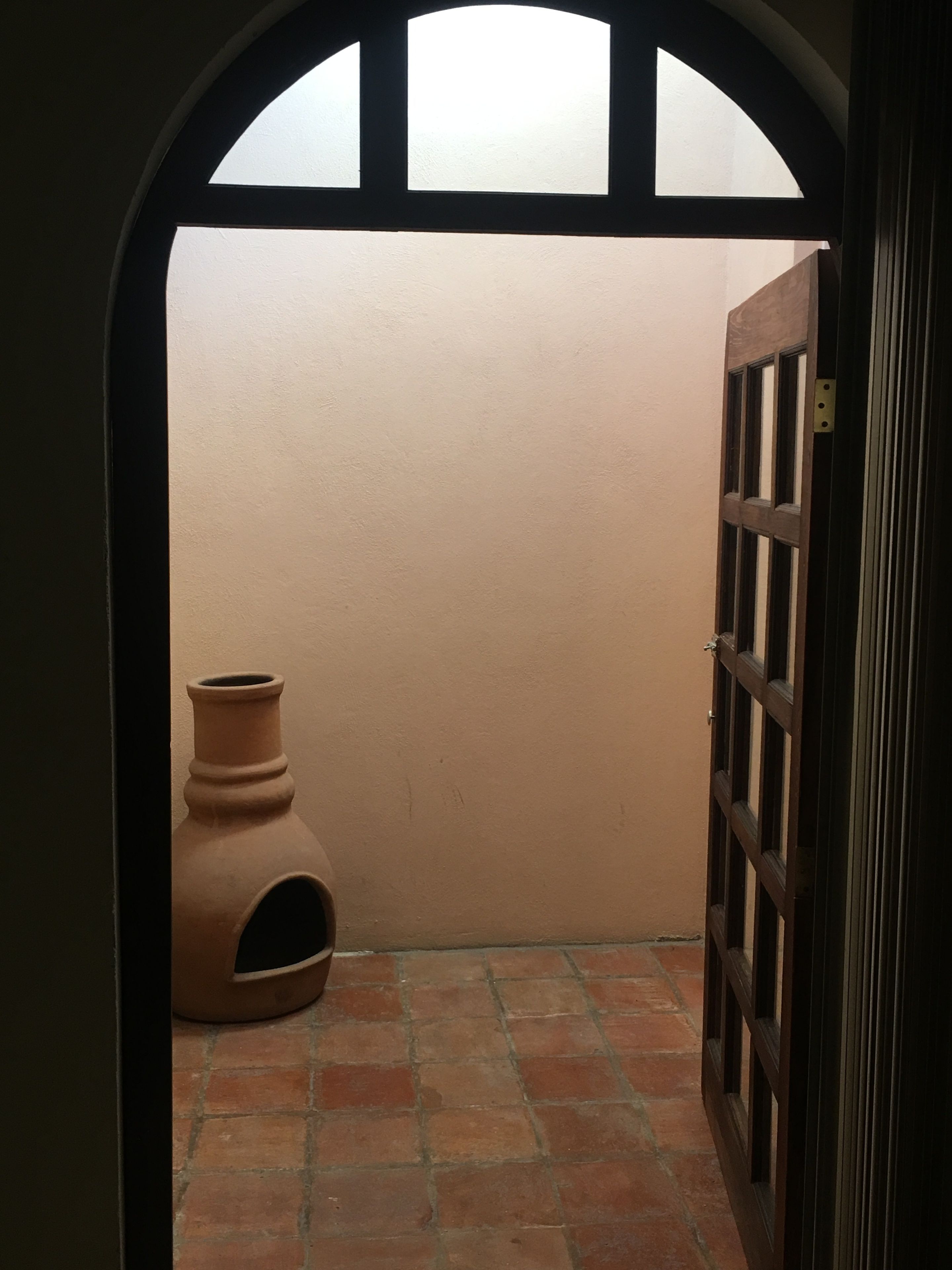 Un estrecho pasillo con suelo de baldosas, una gran maceta de barro y una puerta de madera con paneles de vidrio.