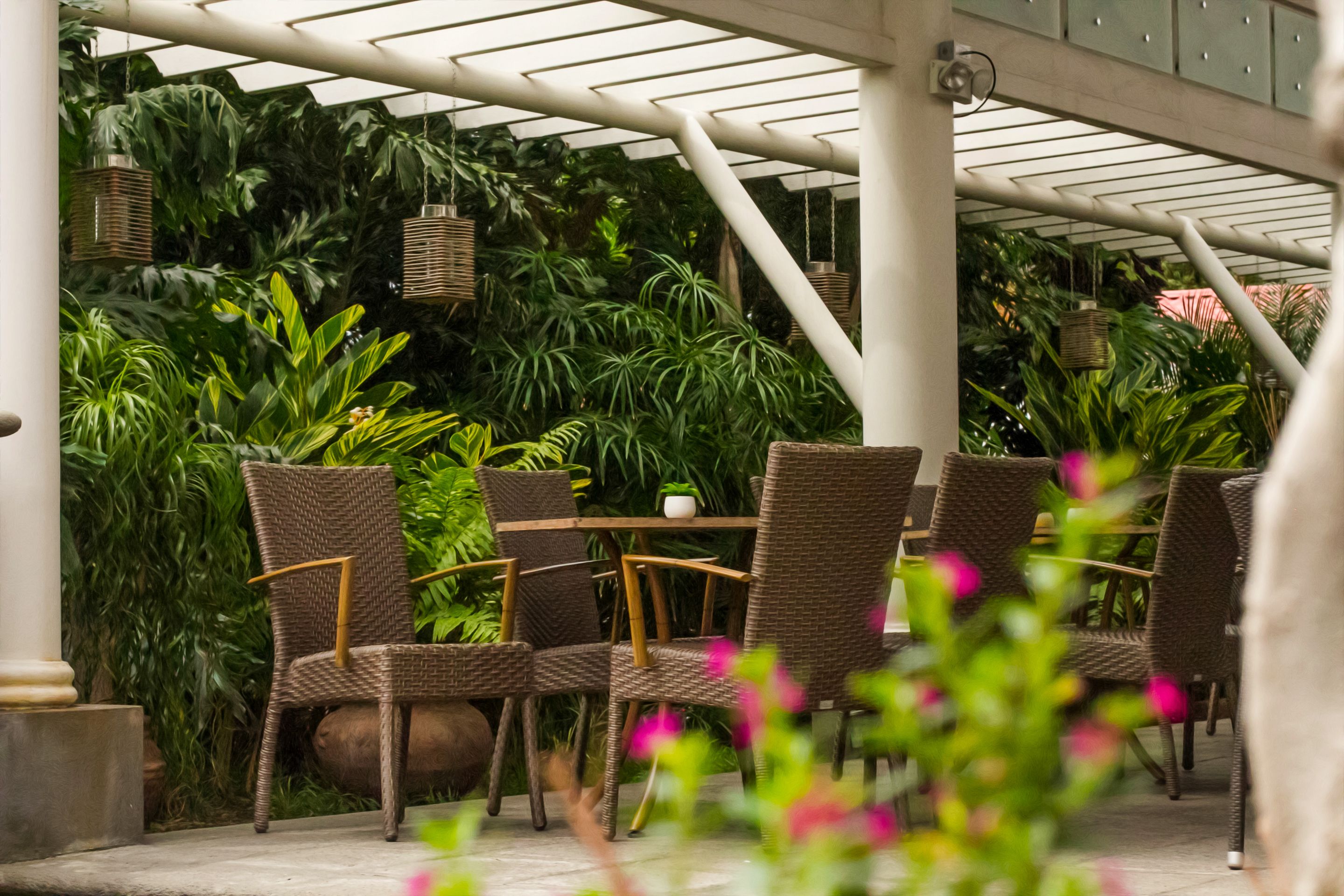 An outdoor seating area with wicker chairs and tables, surrounded by lush greenery and hanging baskets.