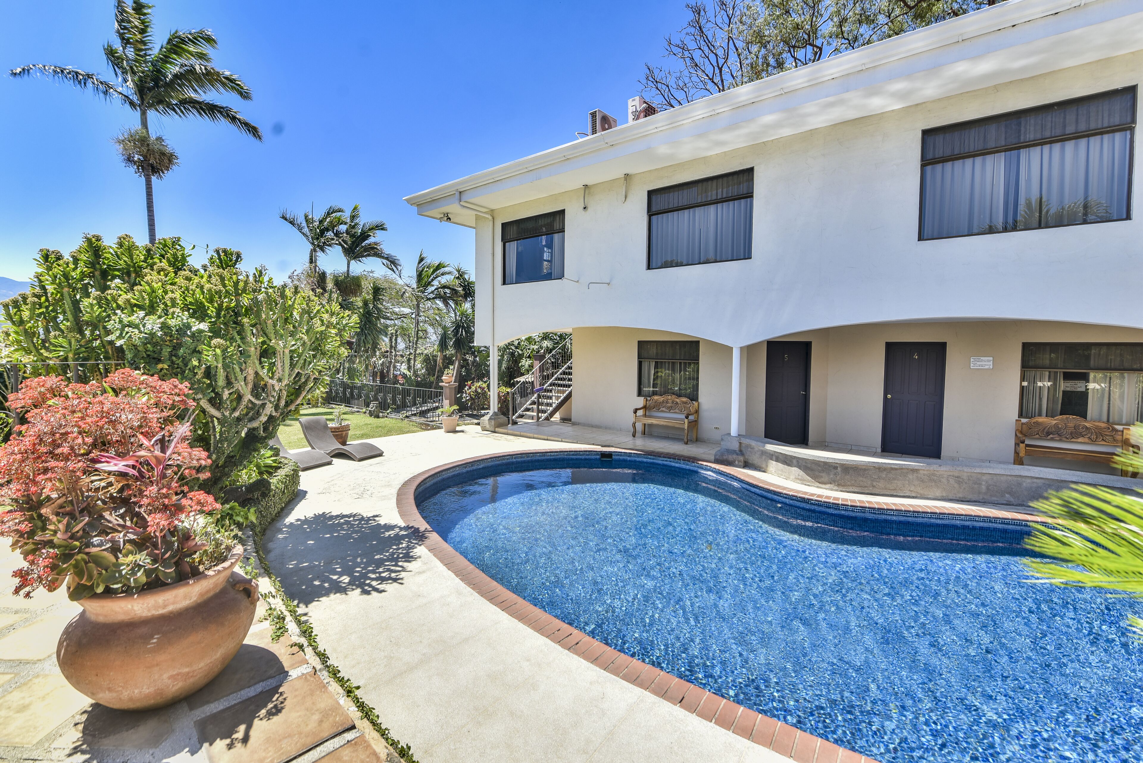 A modern house with a swimming pool, a patio, and a garden with various plants.