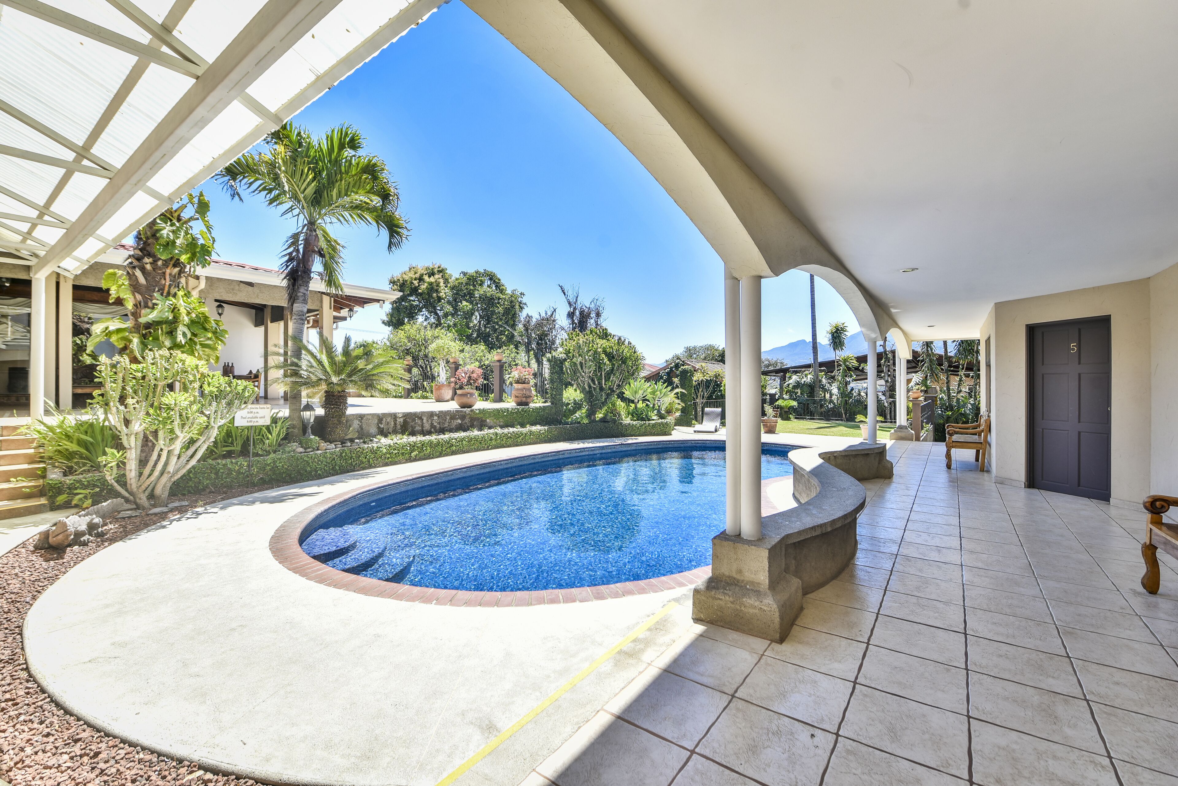 outdoor pool, pool loungers