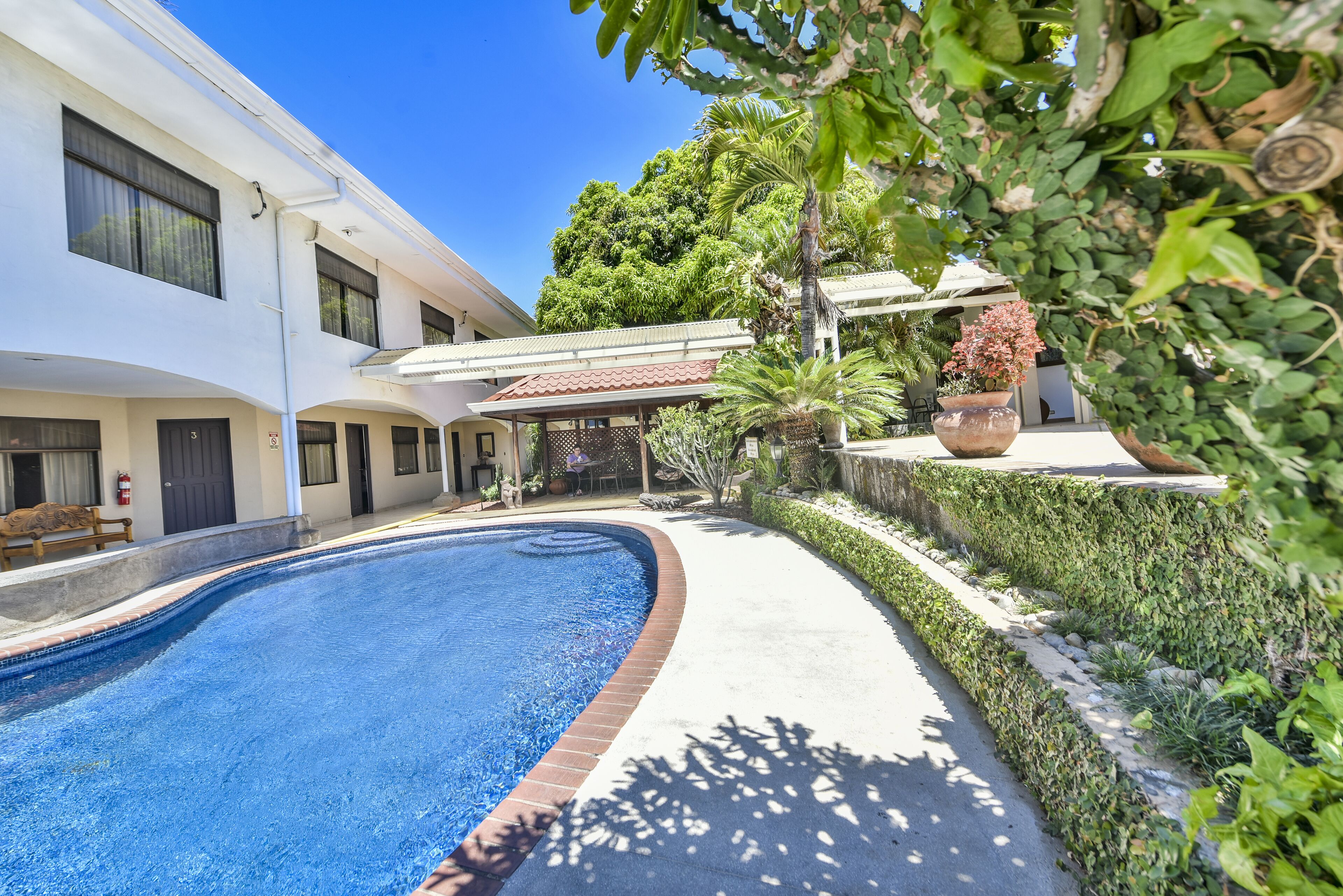 A swimming pool with a curved edge, surrounded by a white building with multiple windows and doors, and a covered patio area with plants.