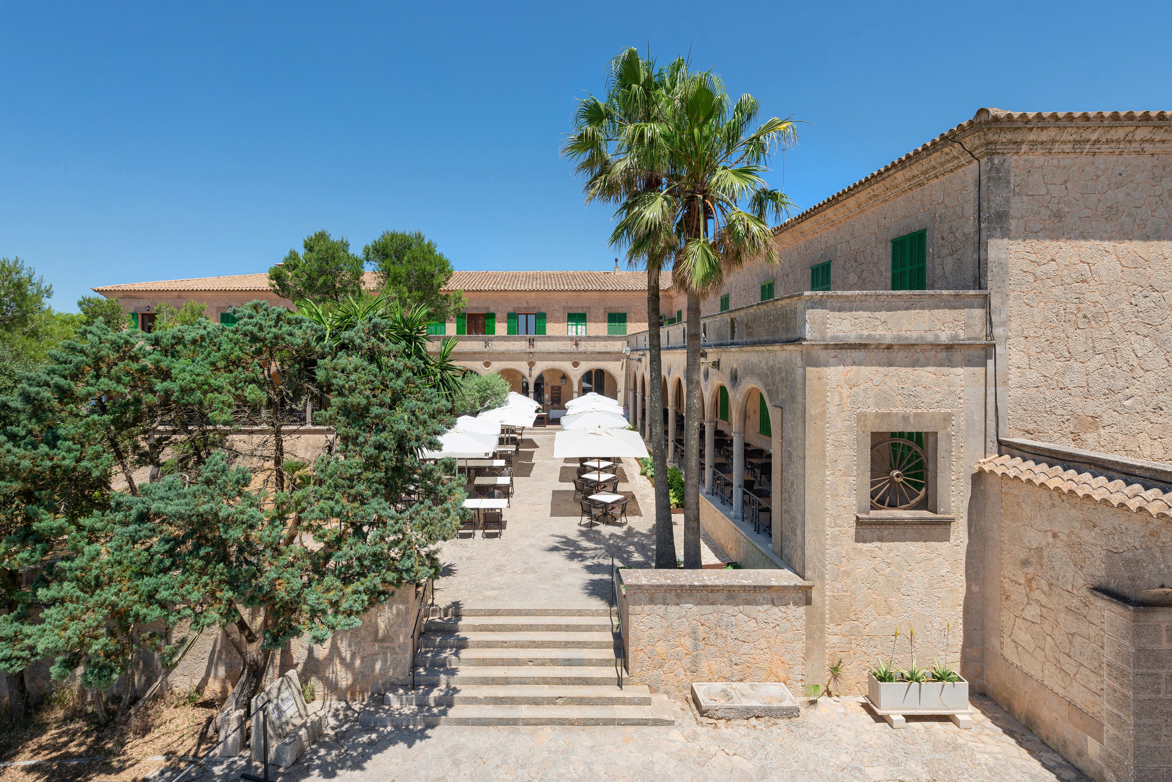 A courtyard with outdoor seating, a palm tree, and a building with a tiled roof.