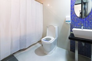 A bathroom with a white toilet, a sink with a mirror, and a blue-tiled wall. - Hotel DreamWorld North EDSA (Quezon City)