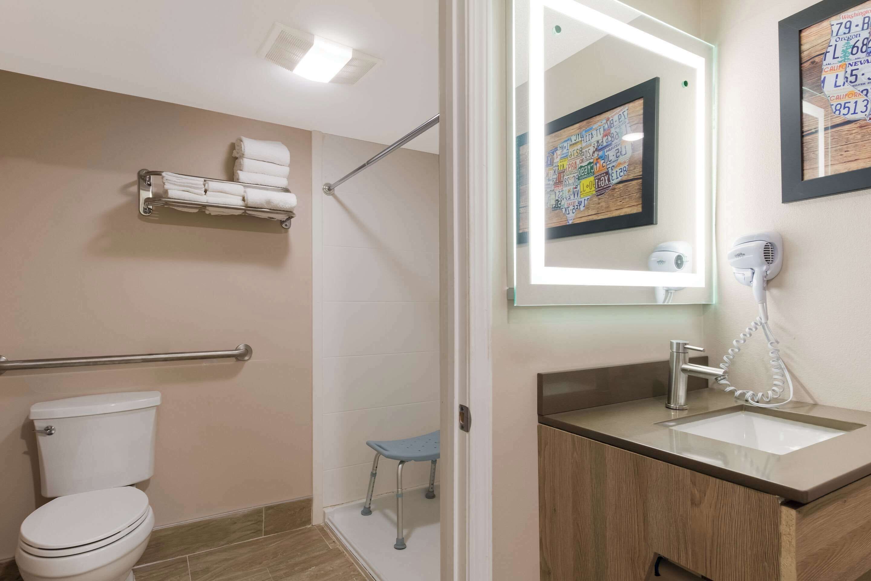 Un baño con inodoro, ducha con un taburete pequeño, toallero, lavabo con espejo y secador de pelo.