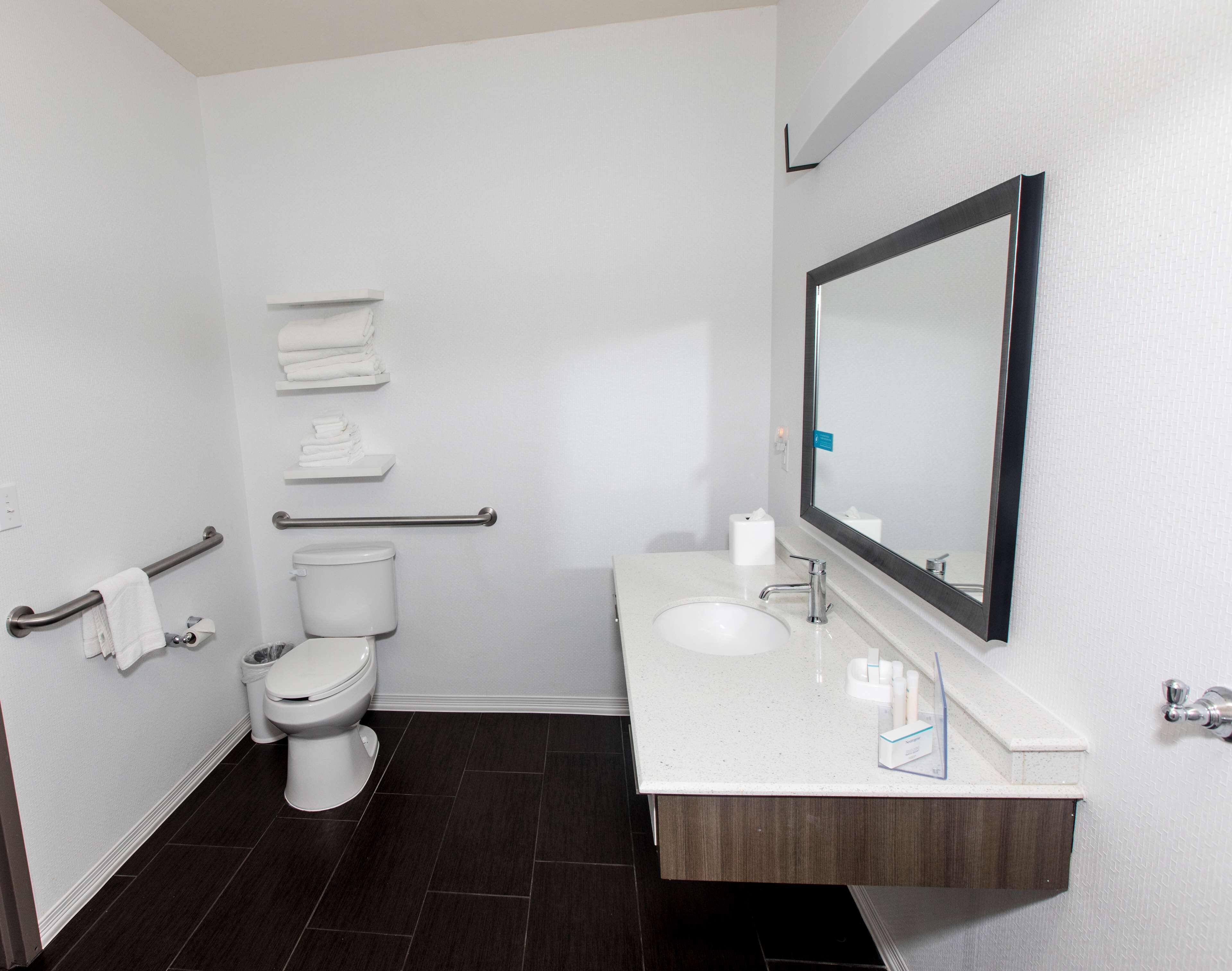 A modern bathroom with a toilet, sink, and mirror. There are handrails and a towel rack.