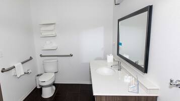 A modern bathroom with a toilet, sink, and mirror. There are handrails and a towel rack.