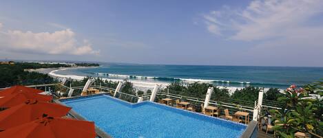 Outdoor pool, pool umbrellas, pool loungers