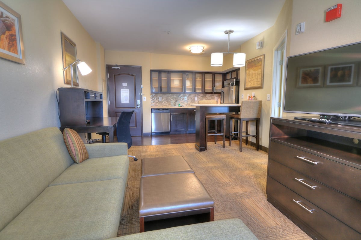 1 bedroom, desk, blackout drapes, iron/ironing board