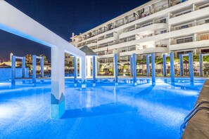 Seasonal outdoor pool, pool umbrellas, pool loungers