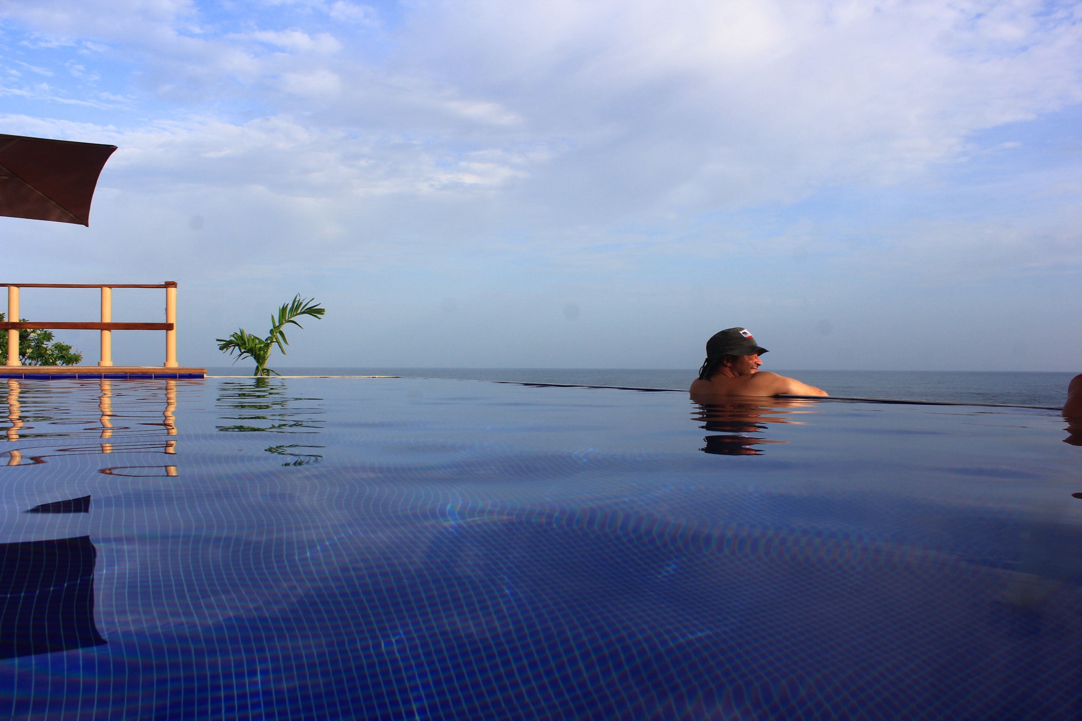 A pool with a clear view of the ocean and a palm tree.